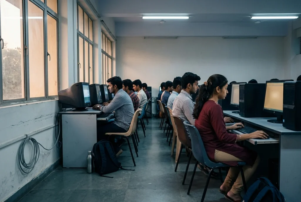 A long row of desktop computers along a classroom wall, with students working at them and bags on the floor