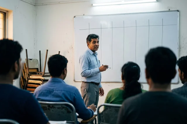 A teacher standing at a whiteboard marked with ruled columns, talking to a seated group
