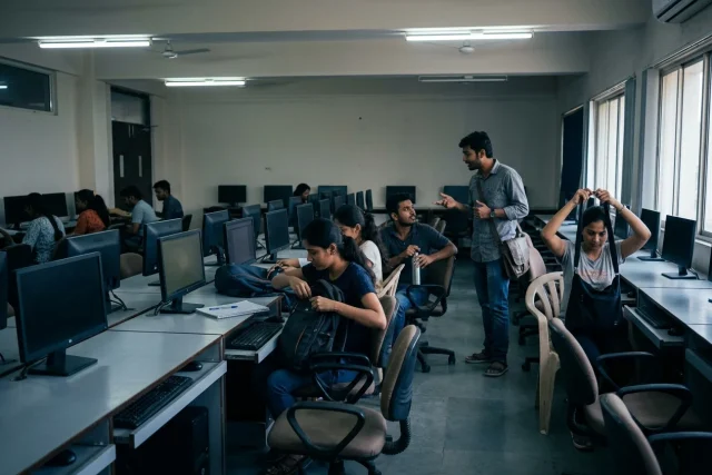 A computer training room before a session, with students arriving, settling in and unpacking bags
