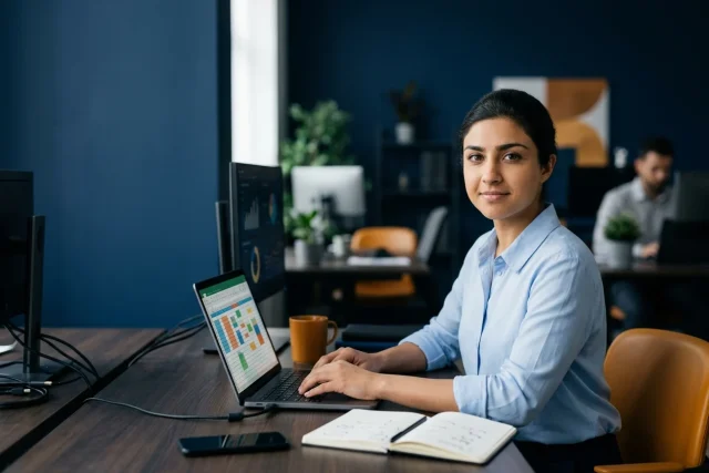 A person working at a monitor showing a spreadsheet in an open-plan office