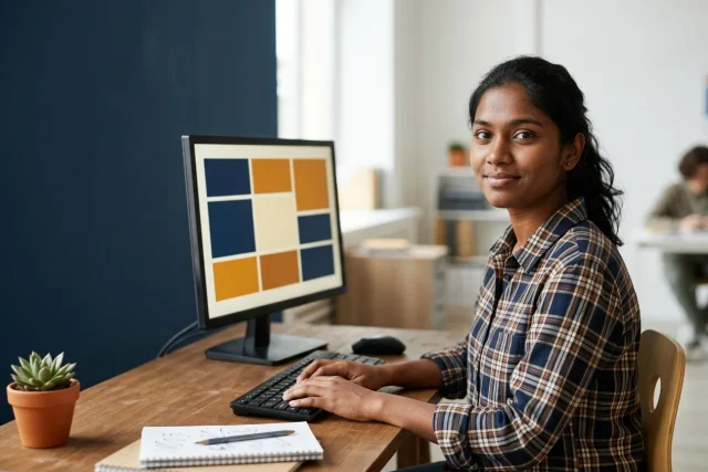 A student at a desktop computer in a classroom, hands on the keyboard