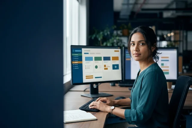 A person at a desk with two monitors showing accounting software