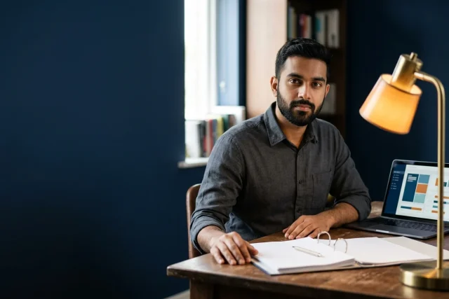 A person at a desk with an open binder of tax papers and a laptop