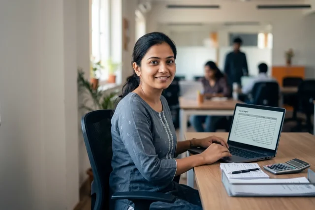 A person at a desk with a laptop showing a payroll register and a tray of salary slips