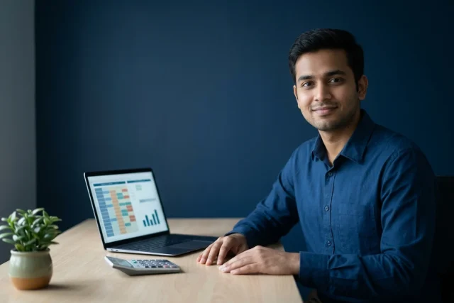 A person working at a laptop showing an accounting ledger, with a desk calculator beside it