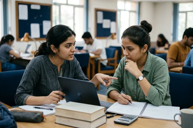 Two students working together at a desk with notebooks and a shared laptop