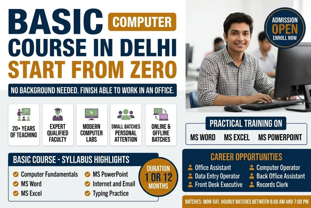 Basic Computer Course in Laxmi Nagar, Delhi summary: syllabus, duration, batch timings and the roles it leads to