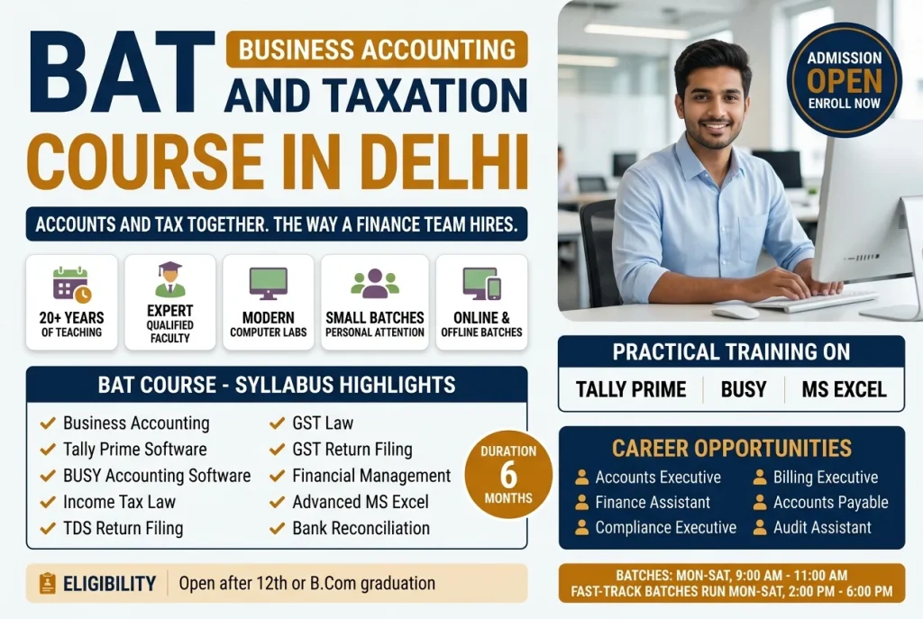 Business Accounting and Taxation (BAT) Course summary: syllabus, duration, batch timings and the roles it leads to
