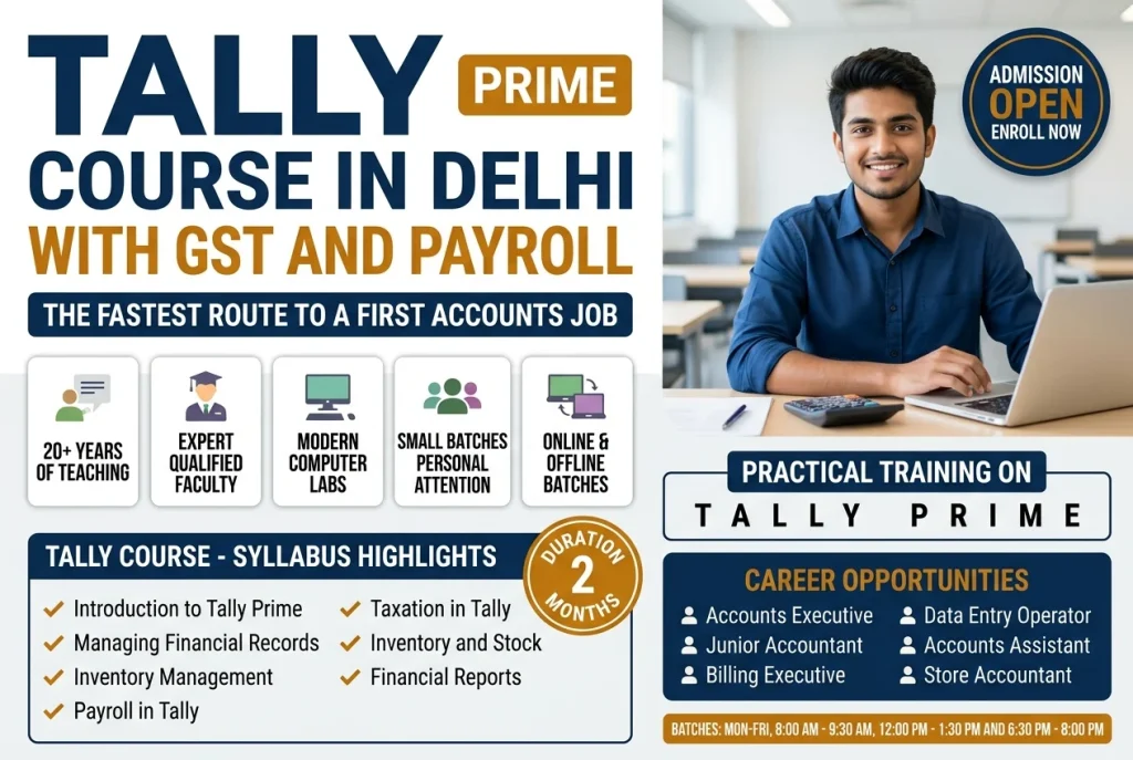 Tally Prime Course in Laxmi Nagar, Delhi summary: syllabus, duration, batch timings and the roles it leads to